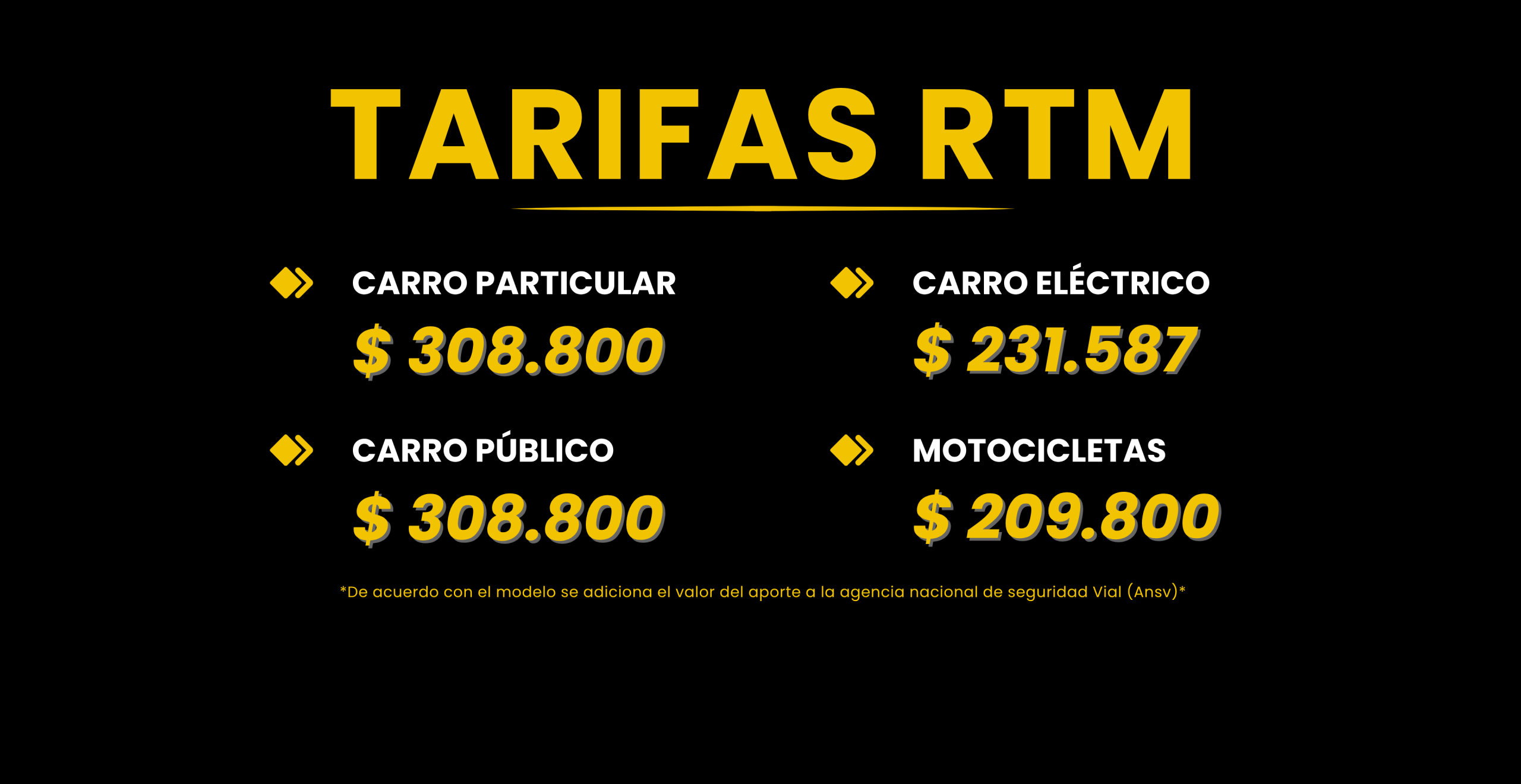 Tarifas 2026 Revisión técnico Mécanica, Tarifas RTM 2026